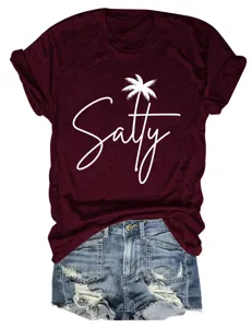 Women casual short sleeve t-shirt with salty palm tree graphic print detail display.