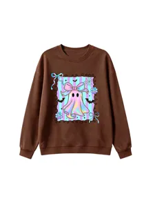 Detailed view of casual kids cute holographic bow ghost graphic print brown crewneck sweatshirt
