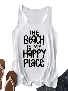 Dames witte racerback top met inspirerende strandletteropdruk voor casual zomer.