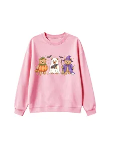 Cute Halloween cartoon bear print pink crewneck sweatshirt for kids, long sleeve casual pullover.