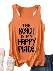 Oranje dames mouwloze tanktop met grappige letterprint strand vakantie design top.