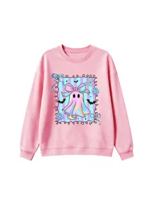 Pink casual sweatshirt detail showcasing cute holographic ghost graphic and sweet bow design.