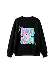 Kids casual black long-sleeve sweatshirt featuring a holographic ghost graphic with cute bow.