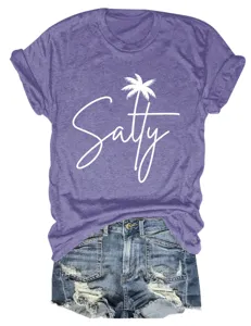 Casual women's purple short sleeve t-shirt with salty palm tree print and denim shorts.