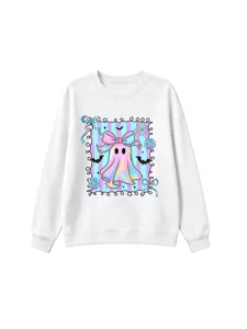 Holographic ghost graphic print on cozy white crewneck sweatshirt, detailed design.