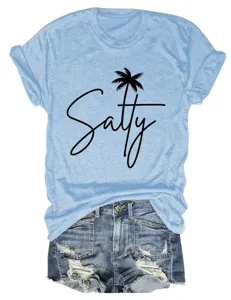Women casual short sleeve t-shirt with salty palm tree graphic print in light blue.