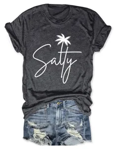 Casual women's short sleeve crewneck t-shirt with salty palm tree graphic print detail.