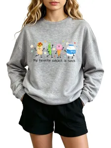 Lässiges graues Sweatshirt mit niedlichen Cartoon-Lebensmittel-Drucken und lustigem Text für Damen.