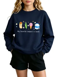 Dunkelblauer, niedlicher Pullover mit Cartoon-Print, langärmelig für den Alltag.
