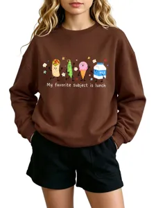 Nahaufnahme des süßen Cartoon-Lebensmittel-Sweatshirts mit witzigem Burrito- und Milch-Druck.