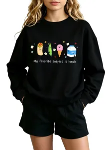Schwarzes Sweatshirt-Set für Damen mit niedlichem Cartoon-Food-Print und gemütlicher Passform.