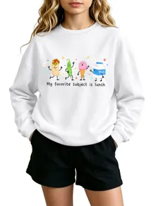 Weißer Pullover mit niedlichem Food-Cartoon-Druck und lustigem Spruch für bequeme Freizeitlooks.