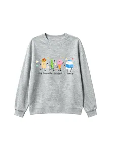 Grauer Rundhals-Pullover mit süßen Cartoon-Lebensmittel-Grafiken und lustigem Textprint für Kinder.