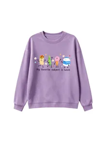 Lila lässiger Pullover mit süßem Cartoon Grafik Print und langen Ärmeln für den Alltag.