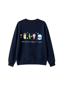 Lässiges dunkelblaues Sweatshirt mit niedlichem Food-Grafikprint und lustigem Spruch für Damen.