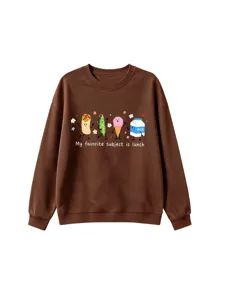 Detailansicht braunes Kinder Sweatshirt mit niedlichem Cartoon Food Print und Aufdruck.