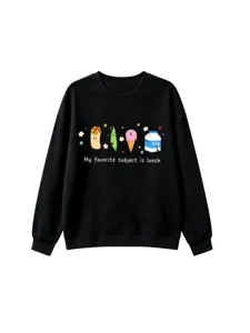 Schwarzes Sweatshirt mit niedlicher Cartoon-Lebensmittelgrafik für lässige Herbst-Winter-Kleidung.