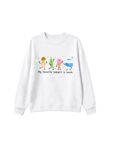 Niedlicher Cartoon-Essen-Druck weißer Rundhals-Pullover lässiges Langarm-Sweatshirt.