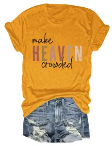 Women casual round neck short sleeve mustard yellow t-shirt with inspirational print top