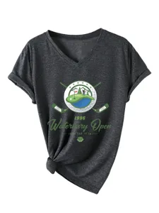 T-shirt femme décontracté col V manches courtes avec imprimé golf et revers mode tendance
