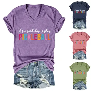Casual women's V-neck short sleeve T-shirt with letter print, comfortable everyday wear.