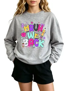 Casual grey crewneck sweatshirt featuring fun letter print, stylish long sleeve pullover top.