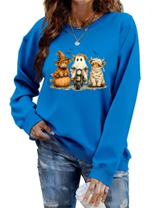 Felpa Grafica Mucca Highland Halloween Carina Maniche Lunghe Casual Top Blu Donna