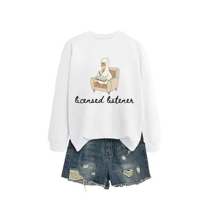 Women casual white sweatshirt and ripped denim shorts set with cute duck print daily wear