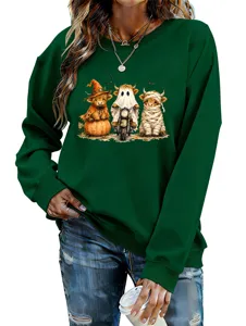 Felpa grafica di Halloween da donna simpatiche vacche delle Highland maniche lunghe verde top