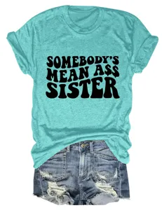 Lässiges türkisfarbenes Kurzarm-T-Shirt mit lustigem Buchstaben-Druck für Damen im Alltag.