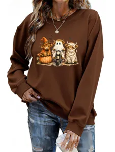 Donne simpatiche Halloween mucca highland grafico manica lunga marrone felpa casual