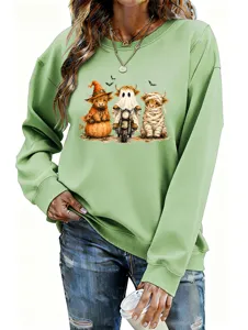 Simpatica felpa grafica Highland Cow Halloween casual a maniche lunghe con girocollo