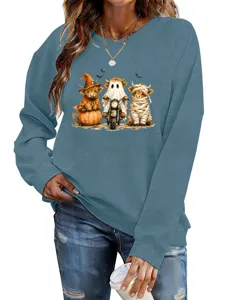 Donna Halloween Highland Mucca Felpa Carino Divertente Grafico Manica Lunga Top