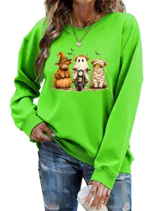 Donne Halloween Highland Mucca Grafica Felpa Manica Lunga Casual Pullover Top Verde