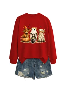 Set felpa rossa grafica mucca Highland e pantaloncini di jeans per donna stile autunnale.