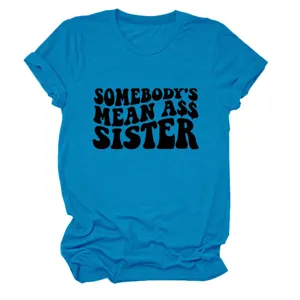 Helles blaues Damen Kurzarm T-Shirt mit lustigem Retro Grafik Spruch Druck Design.