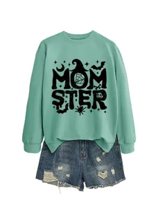 Damen süßer Halloween Pullover mintgrün lässiges Langarmshirt mit Jeansshorts Outfit Set