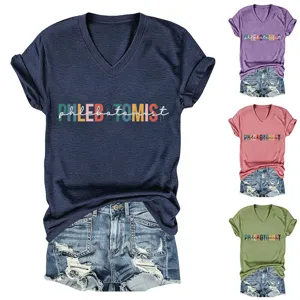 Comfortabele dames casual V-hals korte mouw T-shirt met kleurrijke brief opdruk