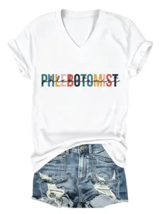 Casual wit V-hals korte mouw T-shirt met kleurrijk letter grafisch ontwerp voor dames.