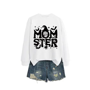 Damen Halloween Sweatshirt und Jeansshorts Set, modisches bequemes Freizeit Outfit.