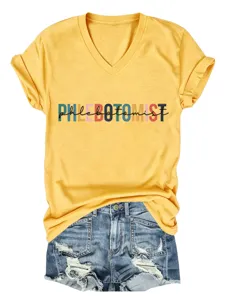 Dames casual V-hals korte mouw grafisch T-shirt met letterprint in heldere gele kleur