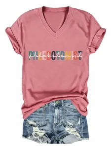 Dames casual V-hals korte mouw T-shirt met kleurrijke letteropdruk voor de zomer.