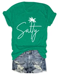 Casual green women's short sleeve t-shirt with salty palm tree print graphic top fashion