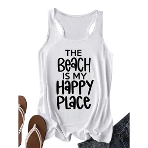 Dames wit casual racerback tanktop met stijlvolle strand letterprint zomerkleding
