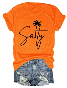 Casual women's orange short sleeve t-shirt with salty palm tree graphic print for summer daily wear.