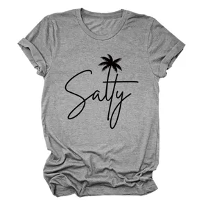 Women grey short sleeve t-shirt casual summer top with salty palm tree graphic print.