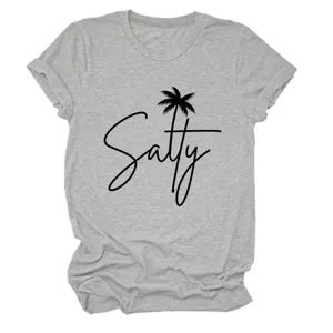 Casual women's short sleeve t-shirt with salty palm tree graphic print, comfortable top.