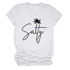 Close-up detail of women white short sleeve t-shirt featuring Salty palm tree print graphic.