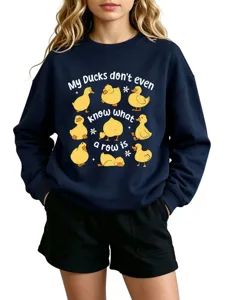 Cute funny duck print navy blue crewneck sweatshirt for casual wear in autumn and winter seasons.