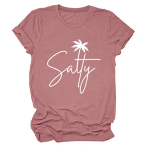 Women casual short sleeve t-shirt with salty palm tree print crew neck comfortable basic top
